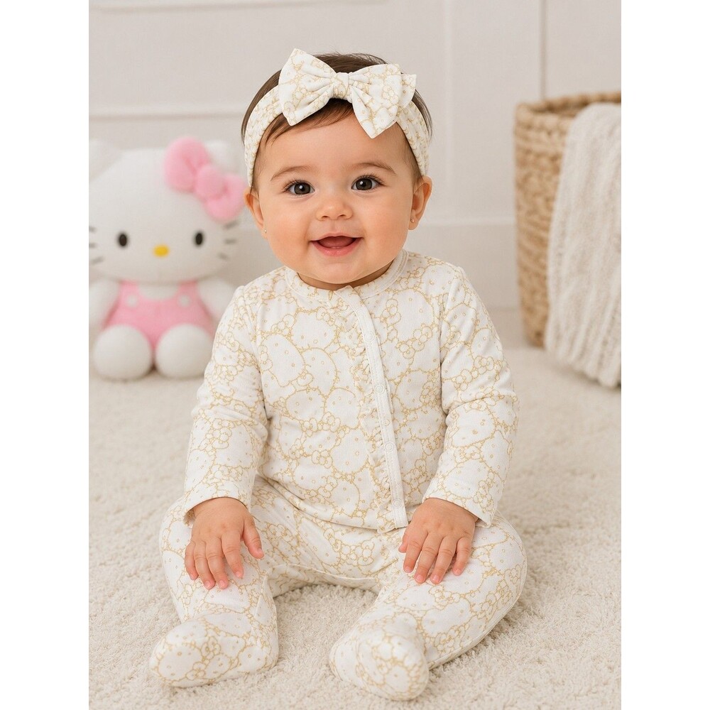 Hello Kitty Baby Girl Footed Sleeper White & Gold Ruffle Zip-Up One-Piece...